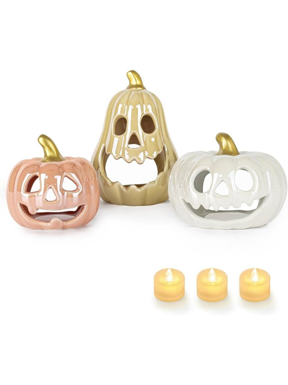 Colorful Ceramic Pumpkin with 3 Tea Lights Jack-O-Lantern Candle Holder Set of 3